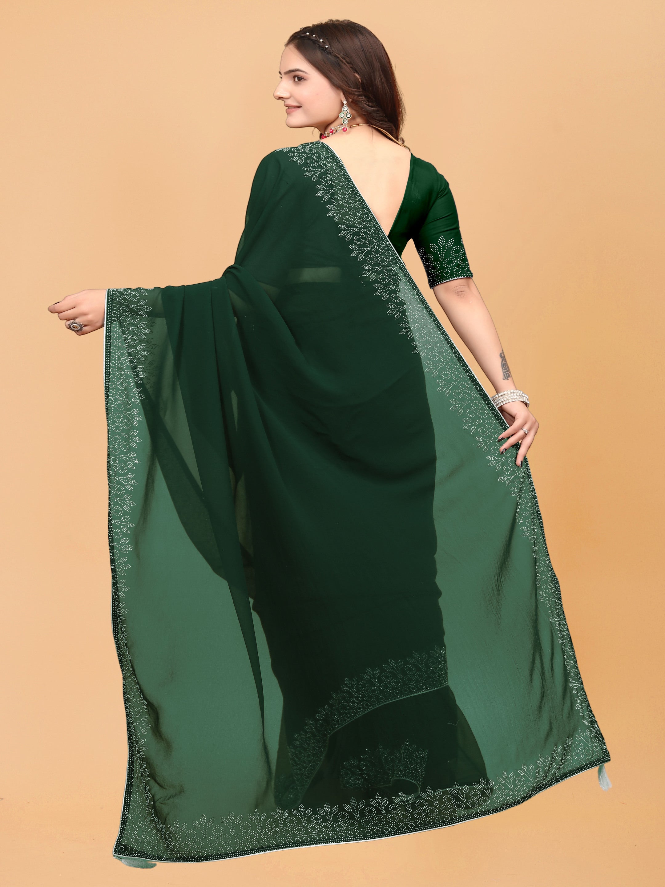 Bottle Green Floral Embellished Swarovski Georgette Saree