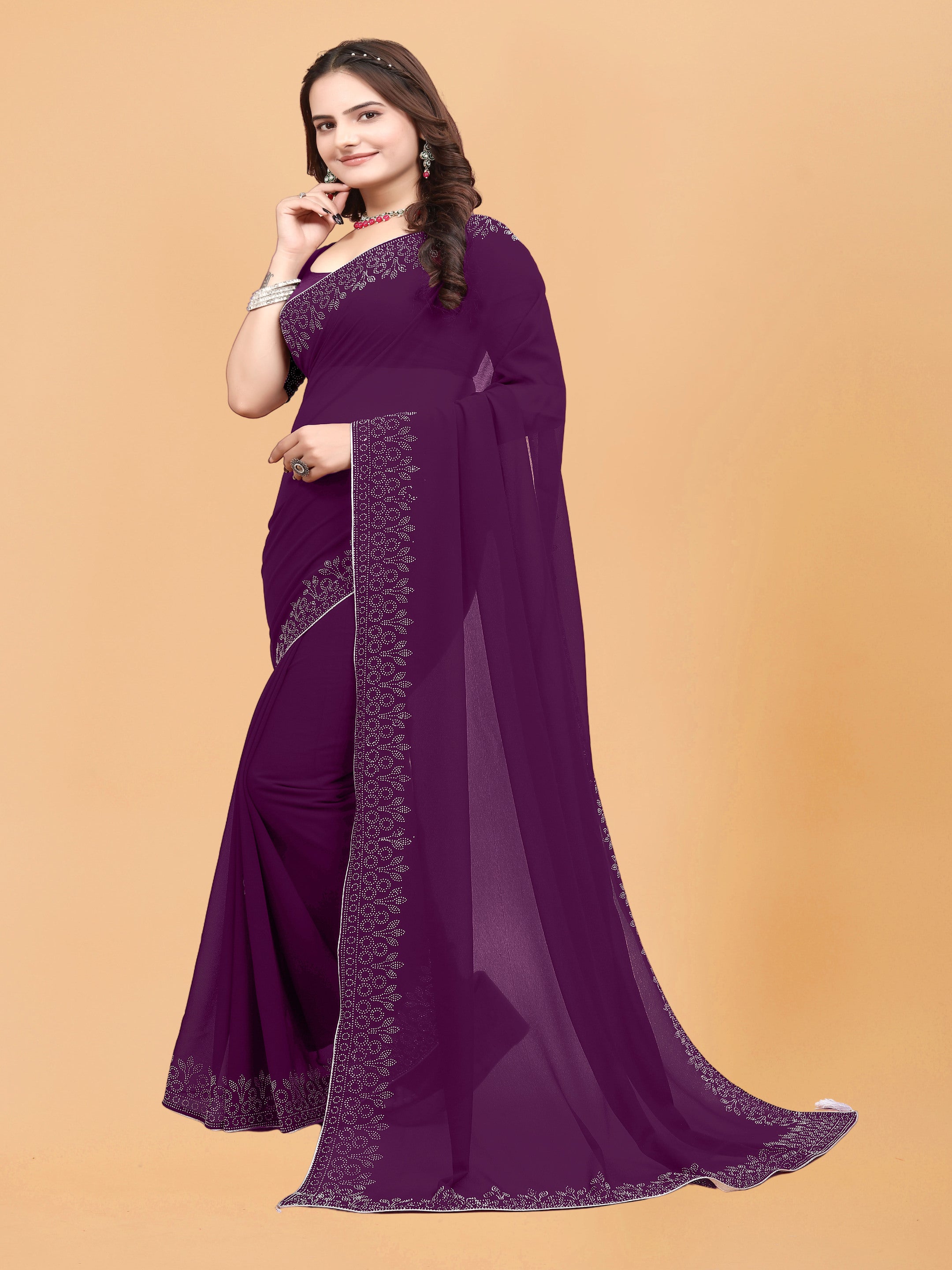 Purple Floral Embellished Swarovski Georgette Saree