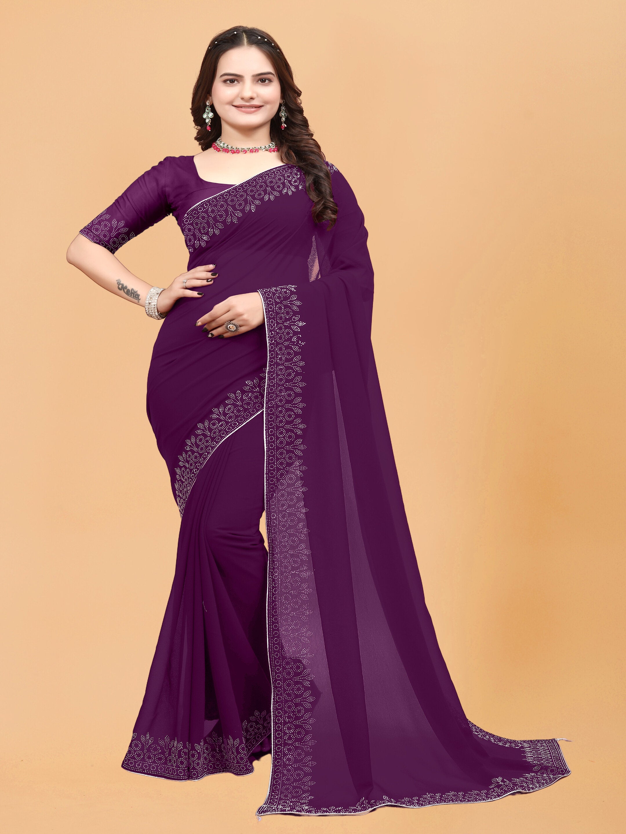 Purple Floral Embellished Swarovski Georgette Saree