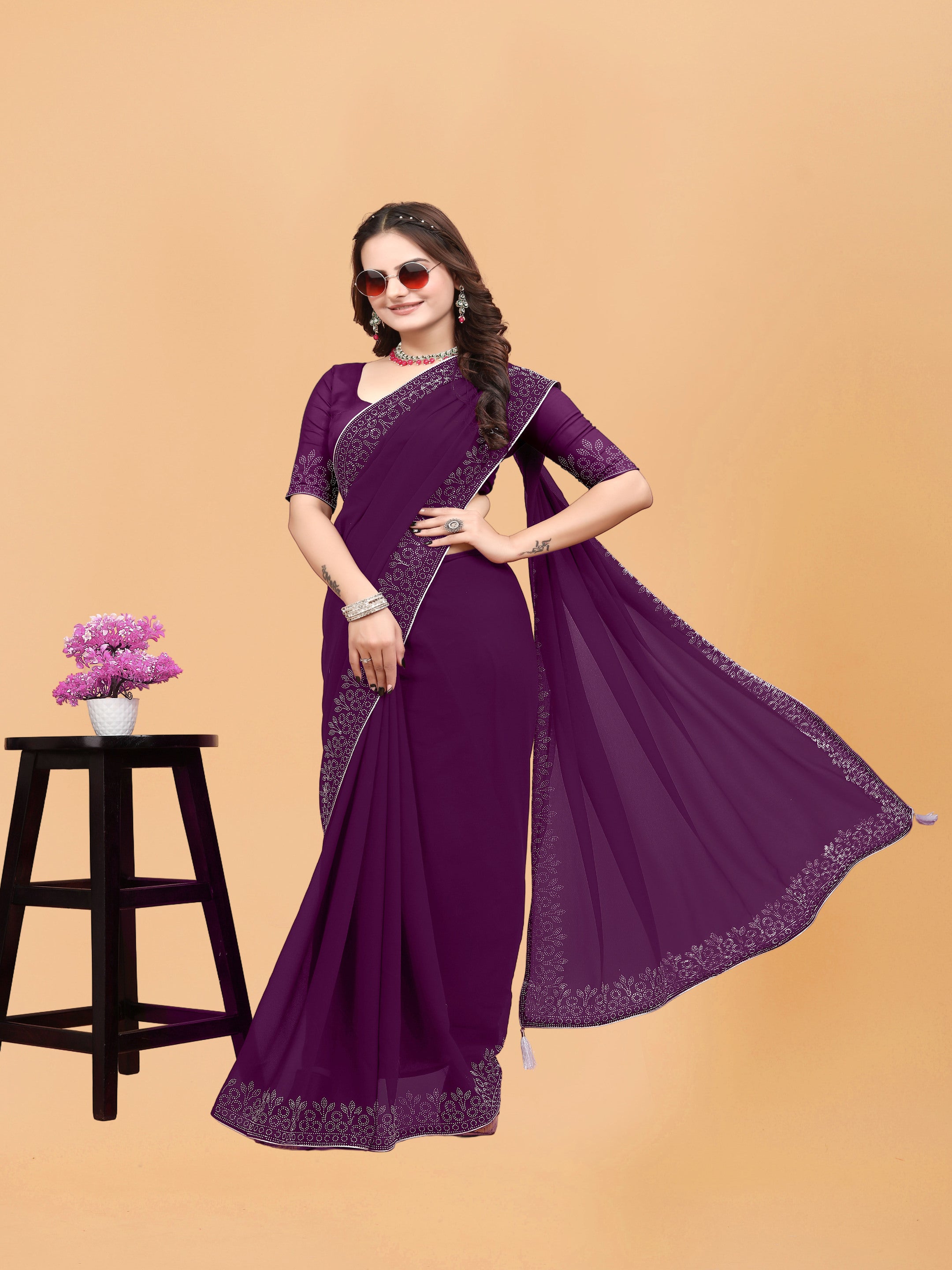 Purple Floral Embellished Swarovski Georgette Saree