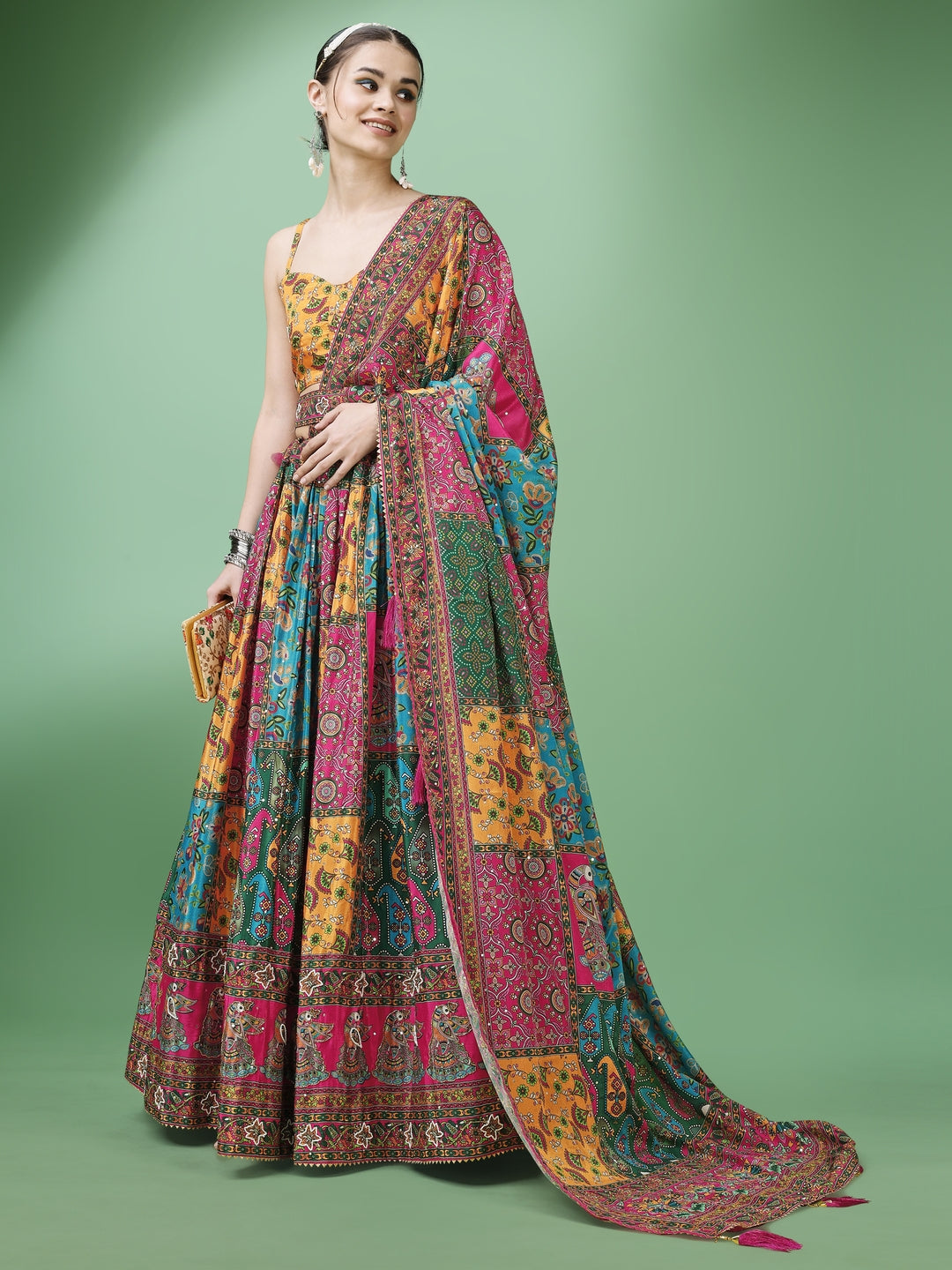 Yellow and pink Printed Semi-Stitched Lehenga & Unstitched Blouse With Dupatta