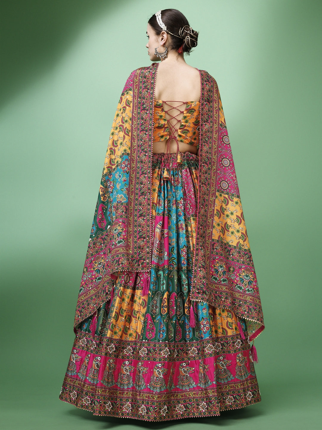 Yellow and pink Printed Semi-Stitched Lehenga & Unstitched Blouse With Dupatta