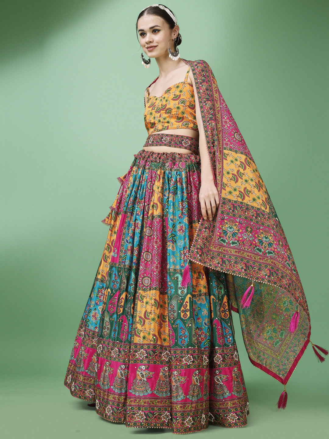 Yellow and pink Printed Semi-Stitched Lehenga & Unstitched Blouse With Dupatta
