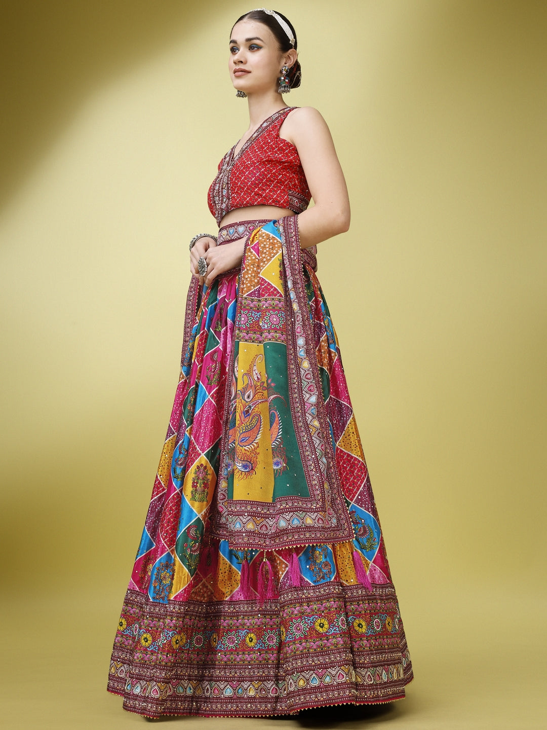 Red & Blue Printed Beads and Stones Semi-Stitched Lehenga & Unstitched Blouse With Dupatta