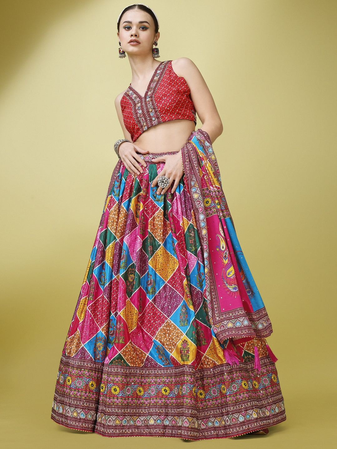 Red & Blue Printed Beads and Stones Semi-Stitched Lehenga & Unstitched Blouse With Dupatta