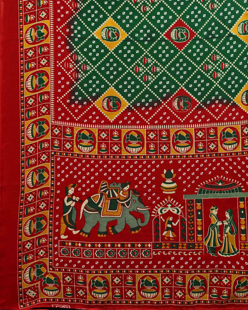 Red-Green Printed Georgette Bandhani Saree | Sadika