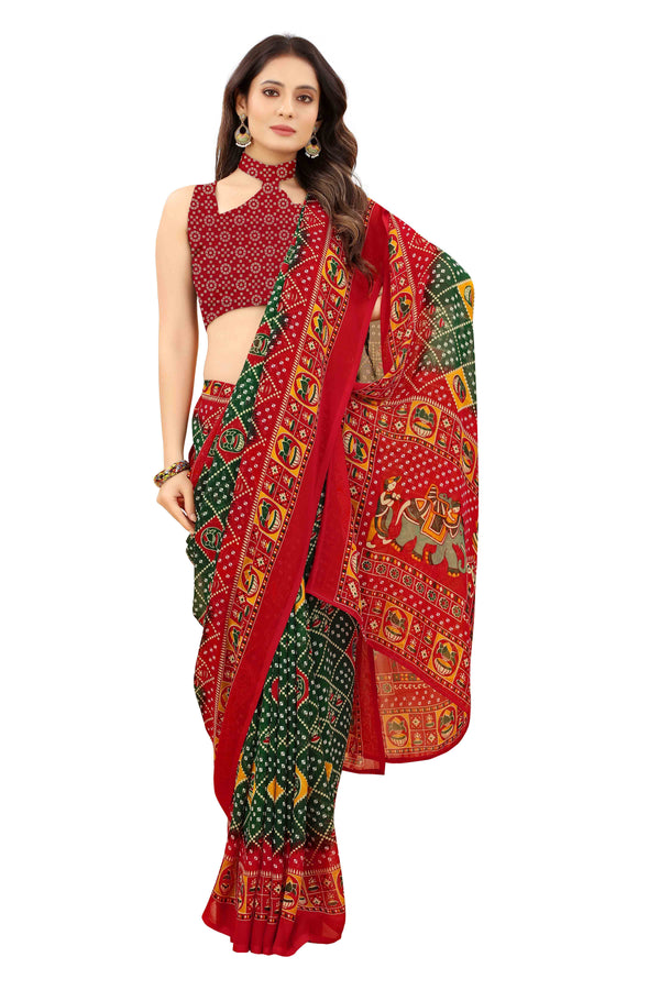 Red-Green Printed Georgette Bandhani Saree | Sadika