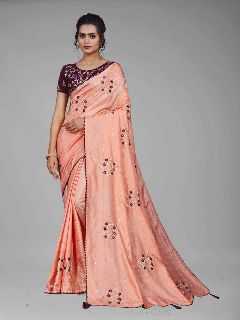 Pink Embroidery Sequin Silk Saree With Blouse | Sadika
