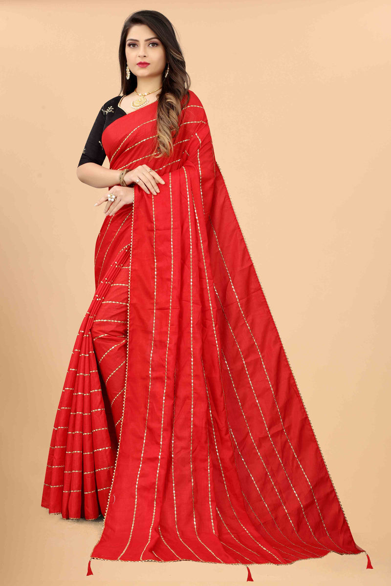 Red Sequin Soft Dola Silk Saree With Blouse | Sadika