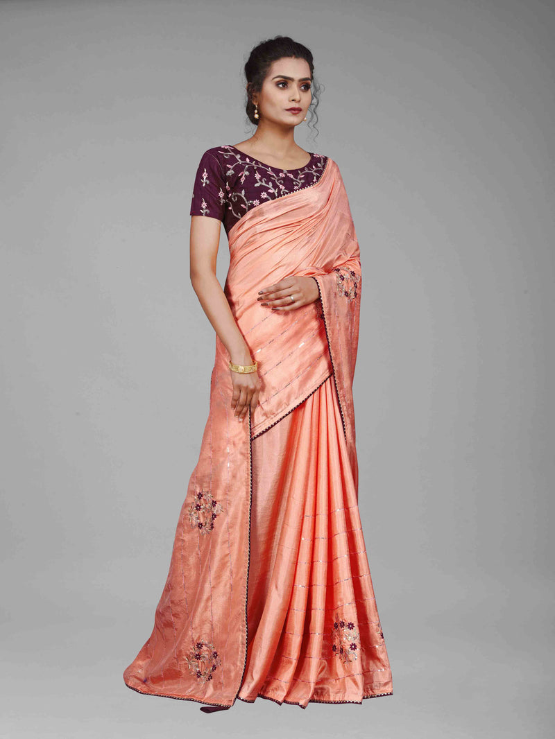Pink Embroidery Sequin Silk Saree With Blouse | Sadika