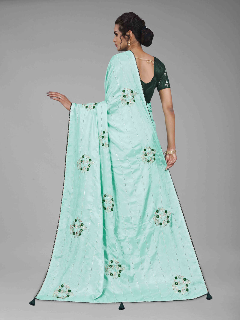Light Blue Embroidery Sequin Silk Saree With Blouse | Sadika