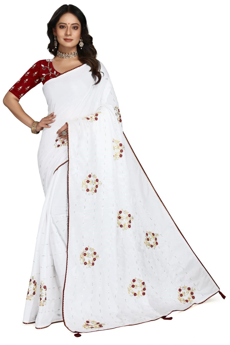 white silk saree with free red blouse