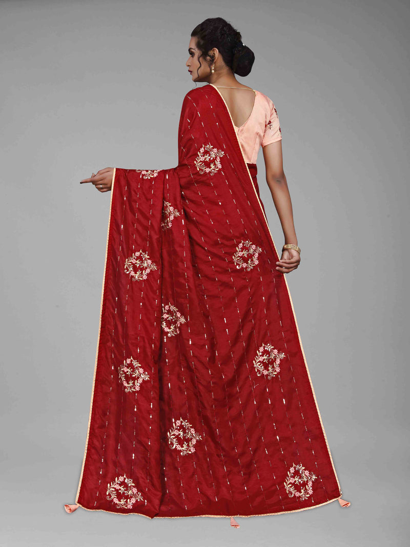 Maroon Sequin Stripe Work Silk Saree With Blouse | Sadika
