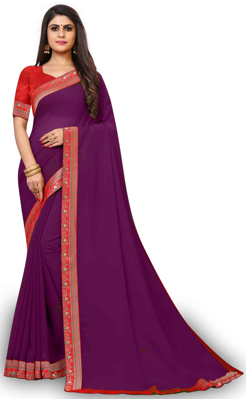 Magenta Wine Saree With Free Red Blouse