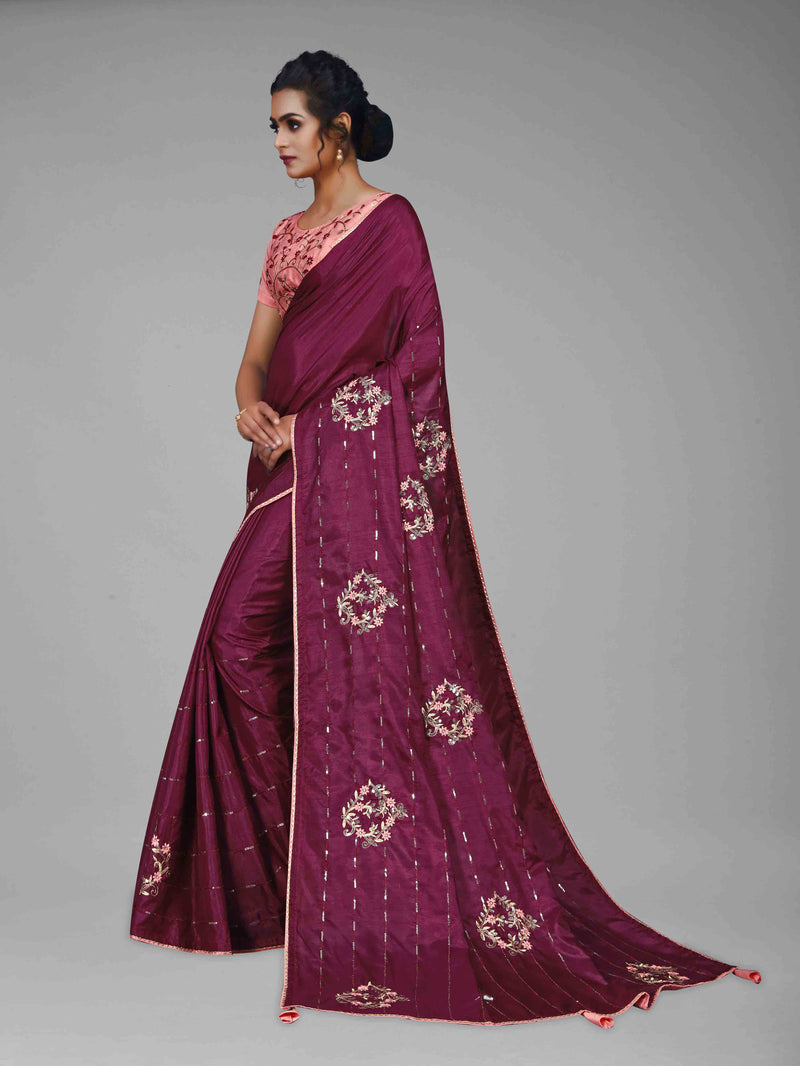 Wine Embroidery Sequin Silk Saree With Blouse | Sadika