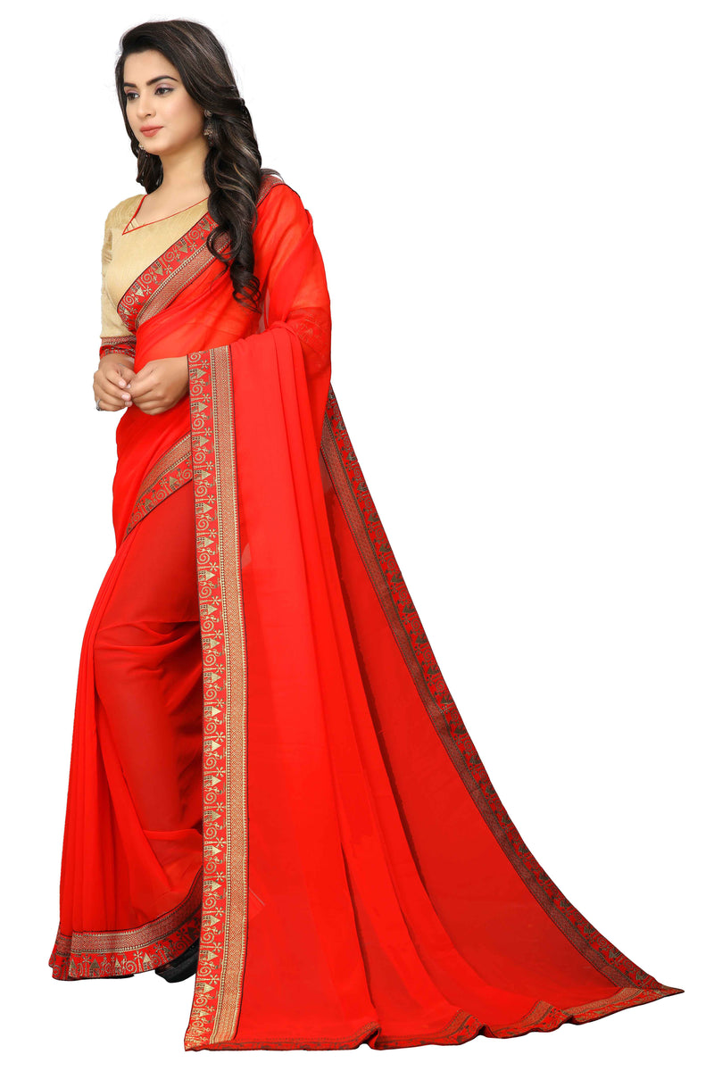 Red Lace Border And Chiku Blouse Saree