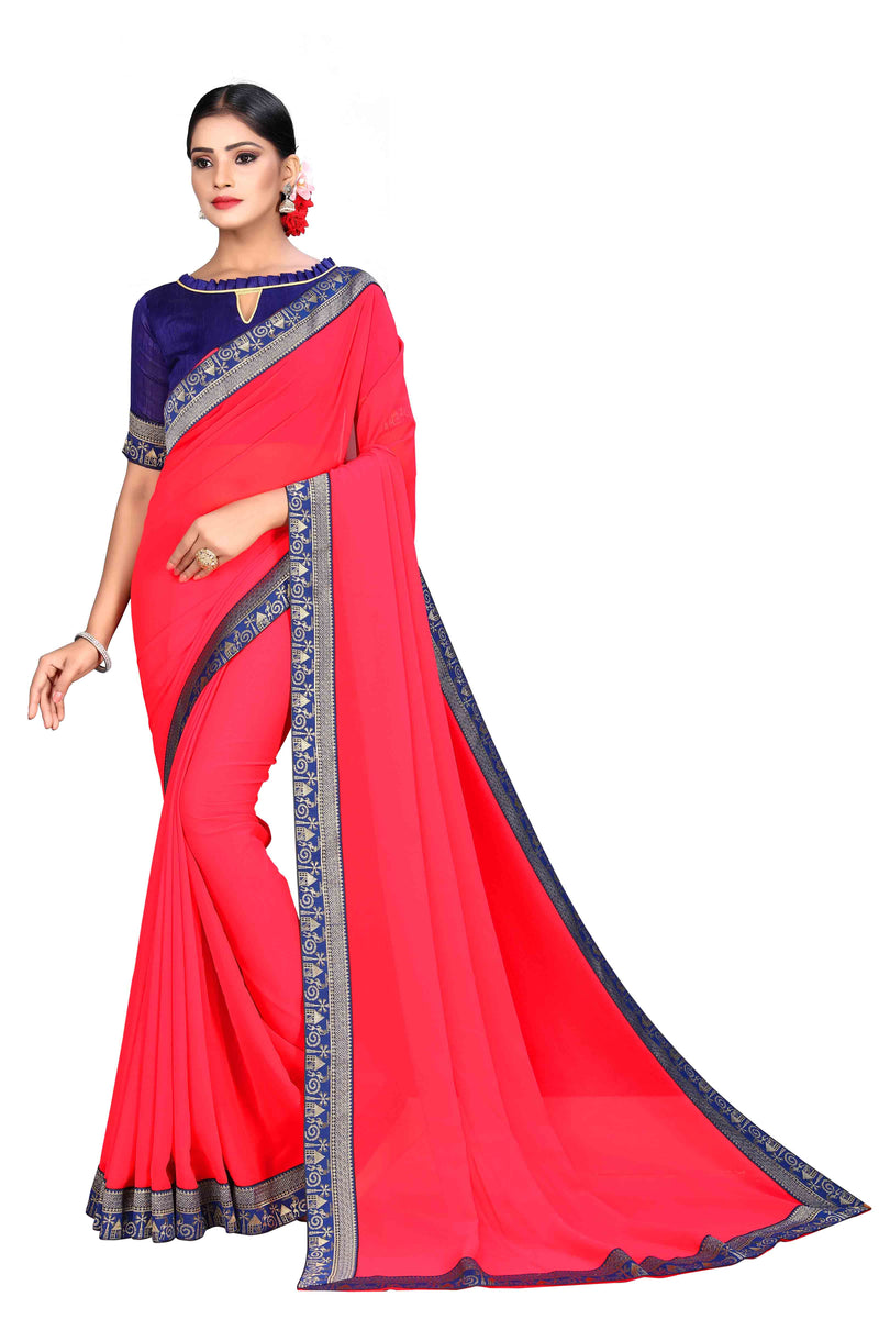 Gajri Pink saree With Navy Blue Lace And Attach Free Blouse