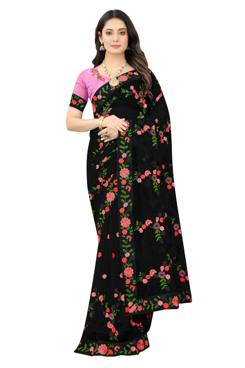 Black Net Saree With Free Floral Embroidery Blouse