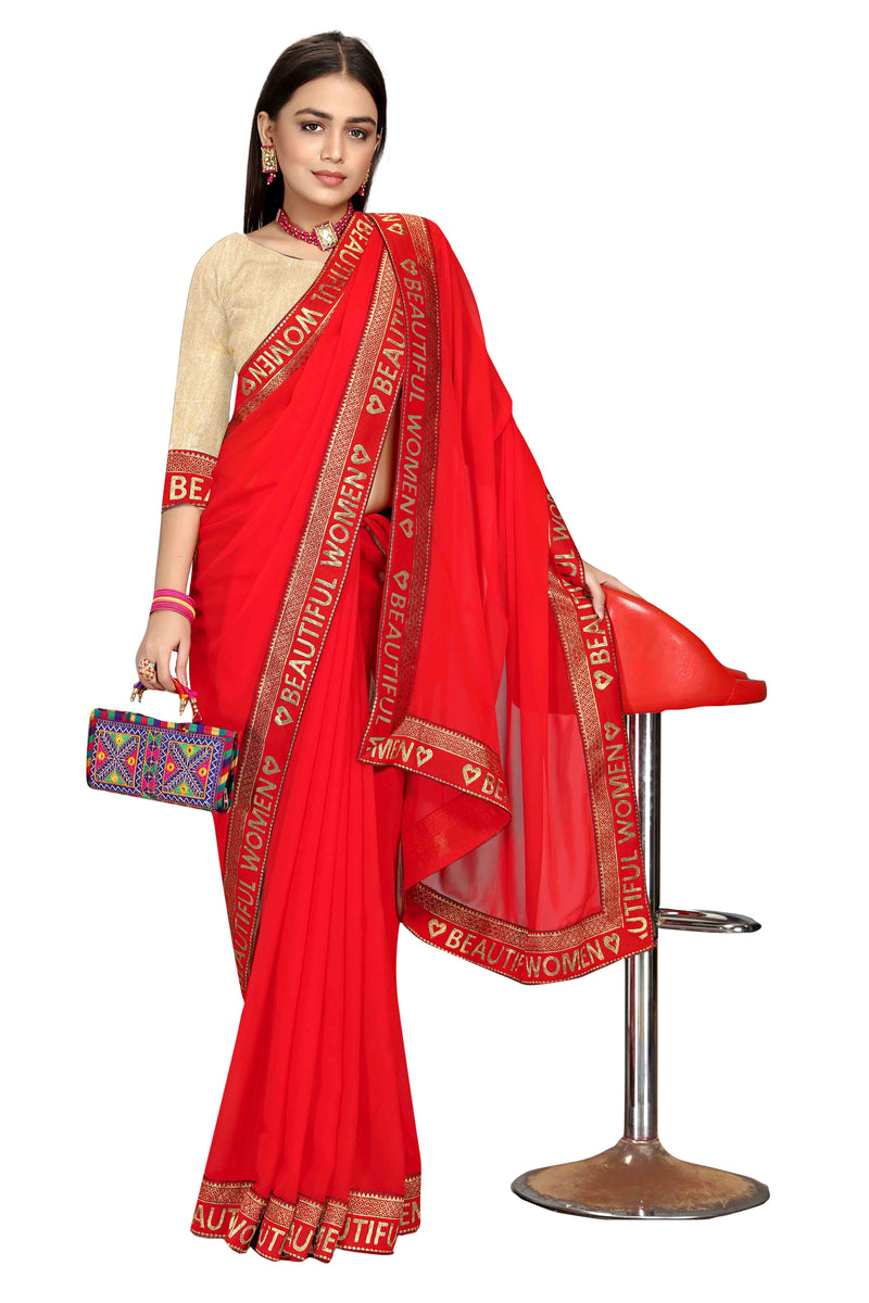 red lace and red saree with free blouse