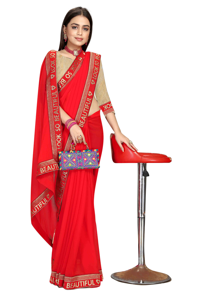 Red Saree With Heart figure lace border