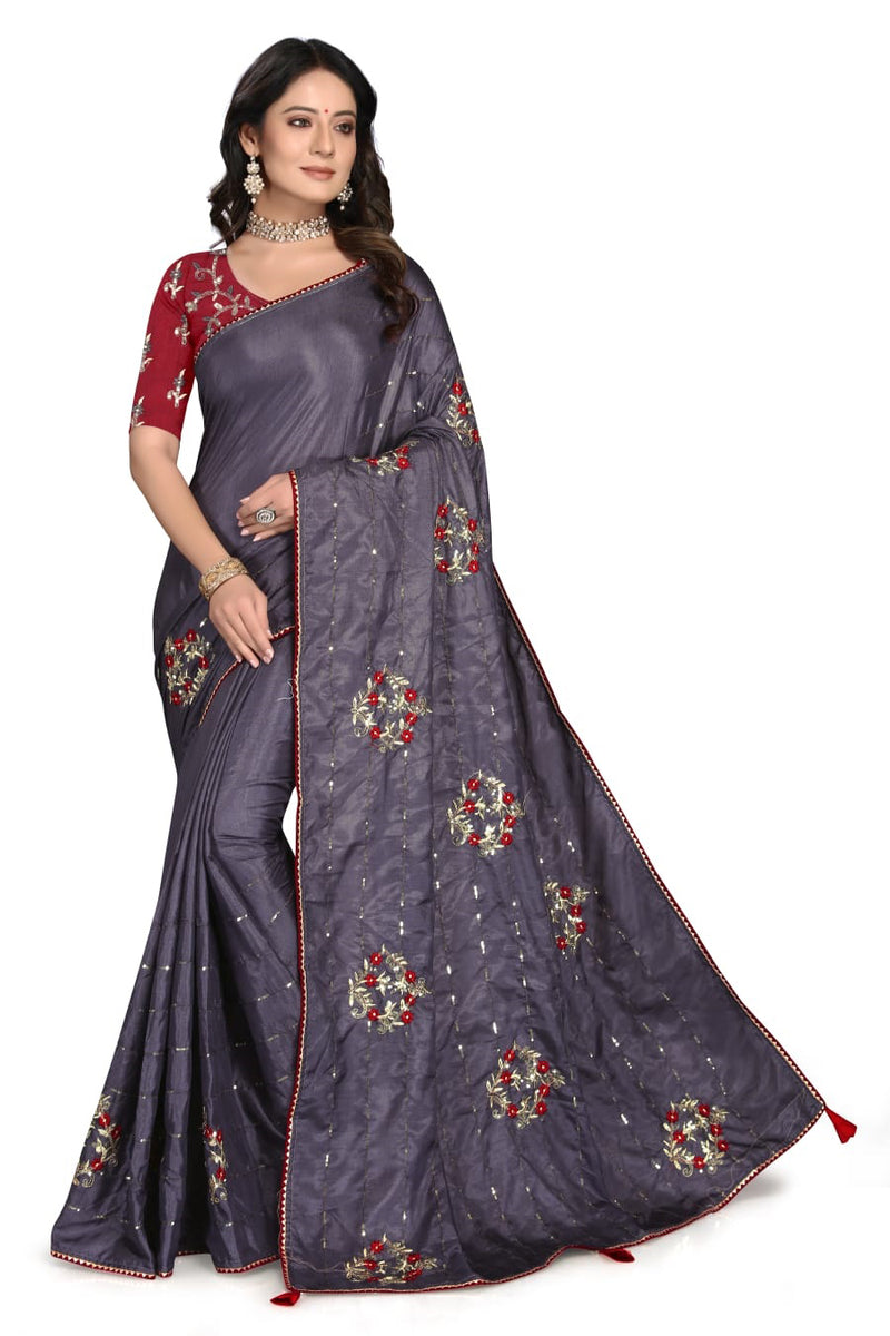 Grey Dola silk Saree With free Red floral embroidery blouse