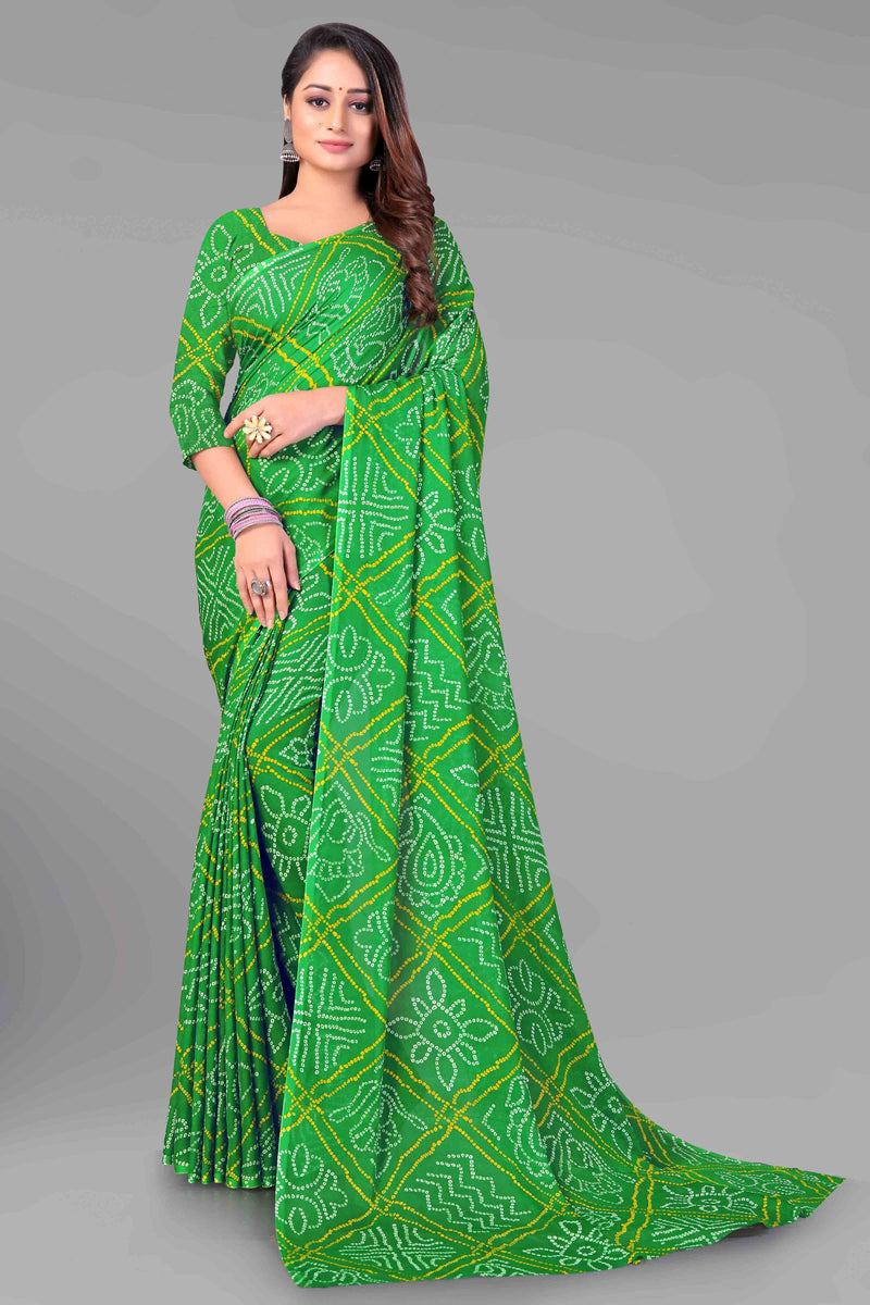 Green Bandhani Saree With Printed Blouse