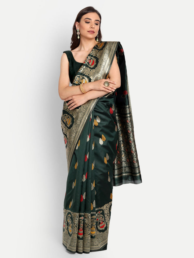 Dark Green Woven Banarasi Semi Silk Saree | Sadika