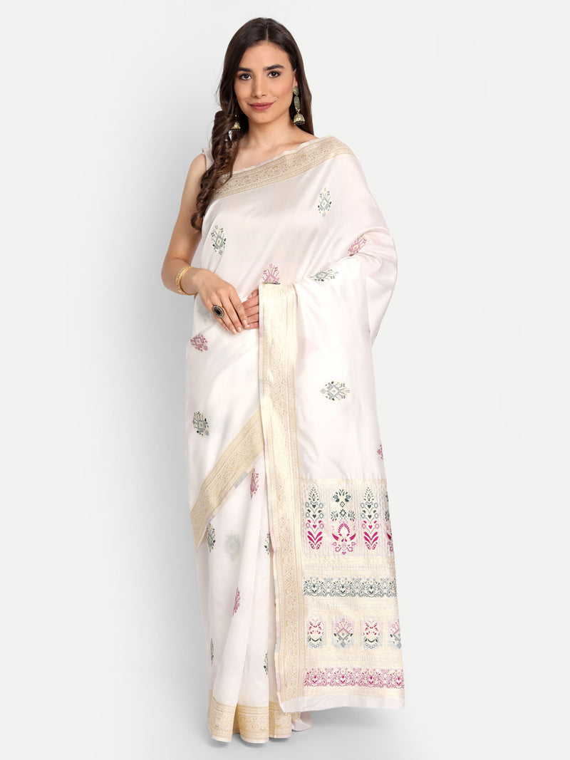 White Woven Banarasi Semi Silk Saree With Blouse | Sadika