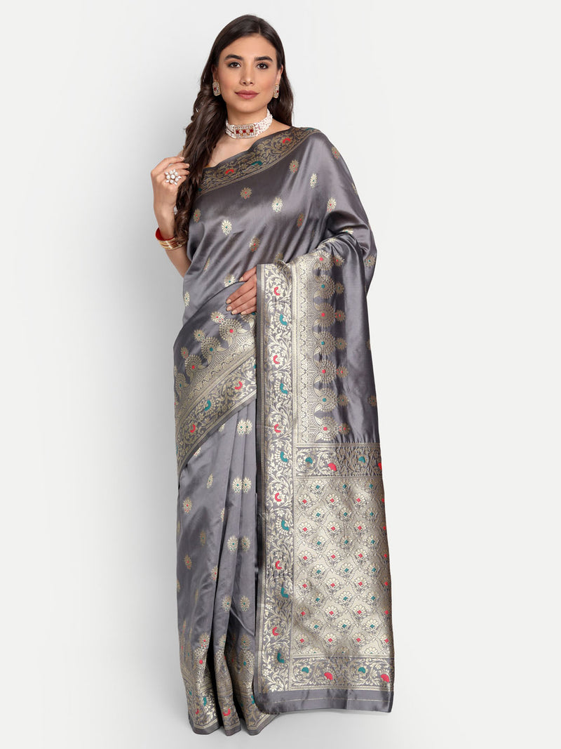 Grey Kanchipuram Banarasi Semi Silk Saree | Sadika