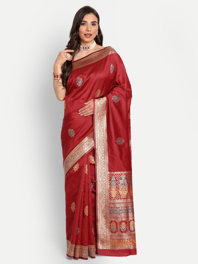 Red Woven Banarasi Semi Silk Saree With Blouse | Sadika