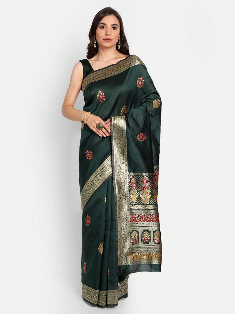Dark Green Woven Banarasi Semi Silk Saree With Blouse | Sadika