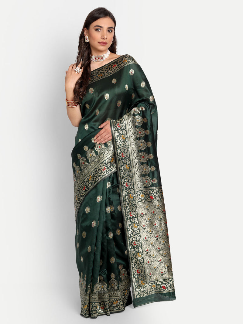 Dark Green Kanchipuram Banarasi Semi Silk Saree | Sadika