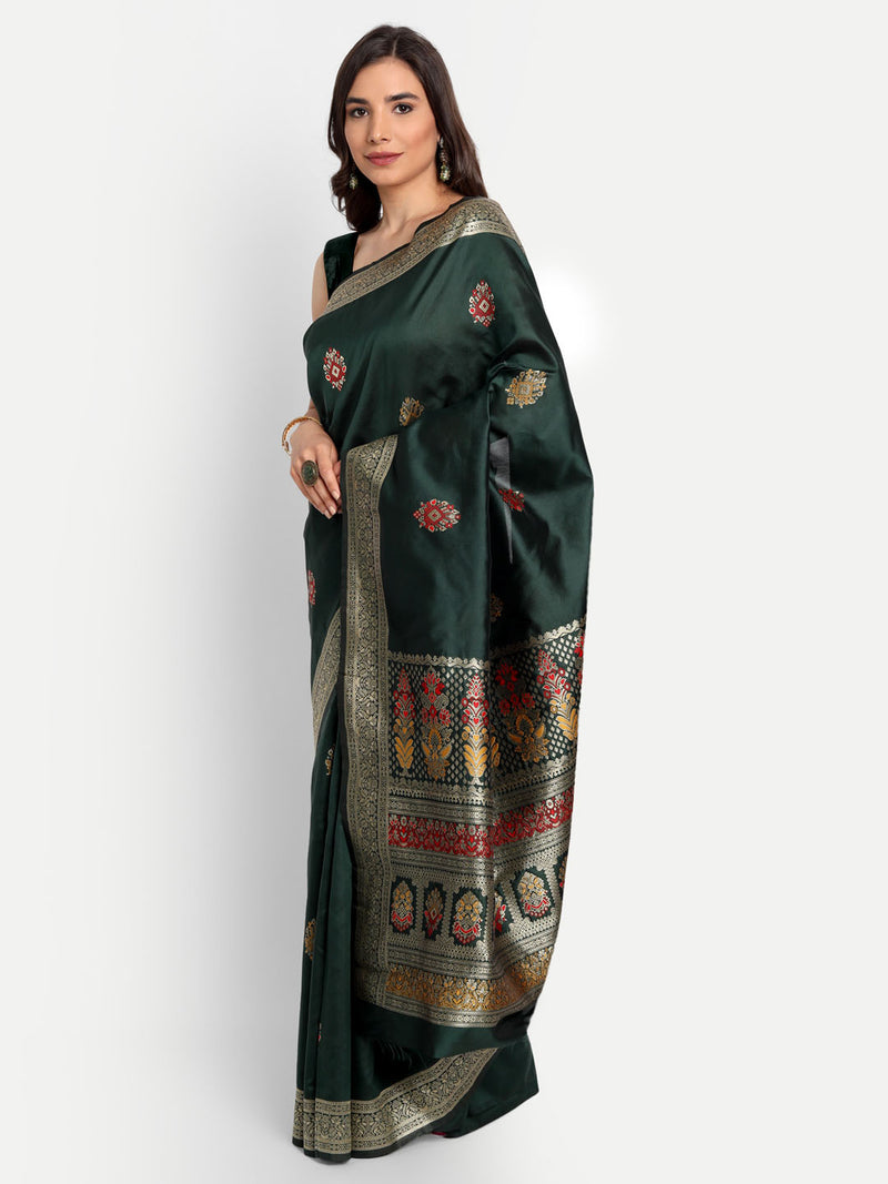 Dark Green Woven Banarasi Semi Silk Saree With Blouse | Sadika