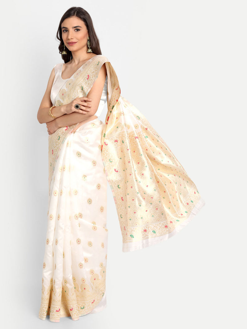 White Kanchipuram Banarasi Semi Silk Saree | Sadika