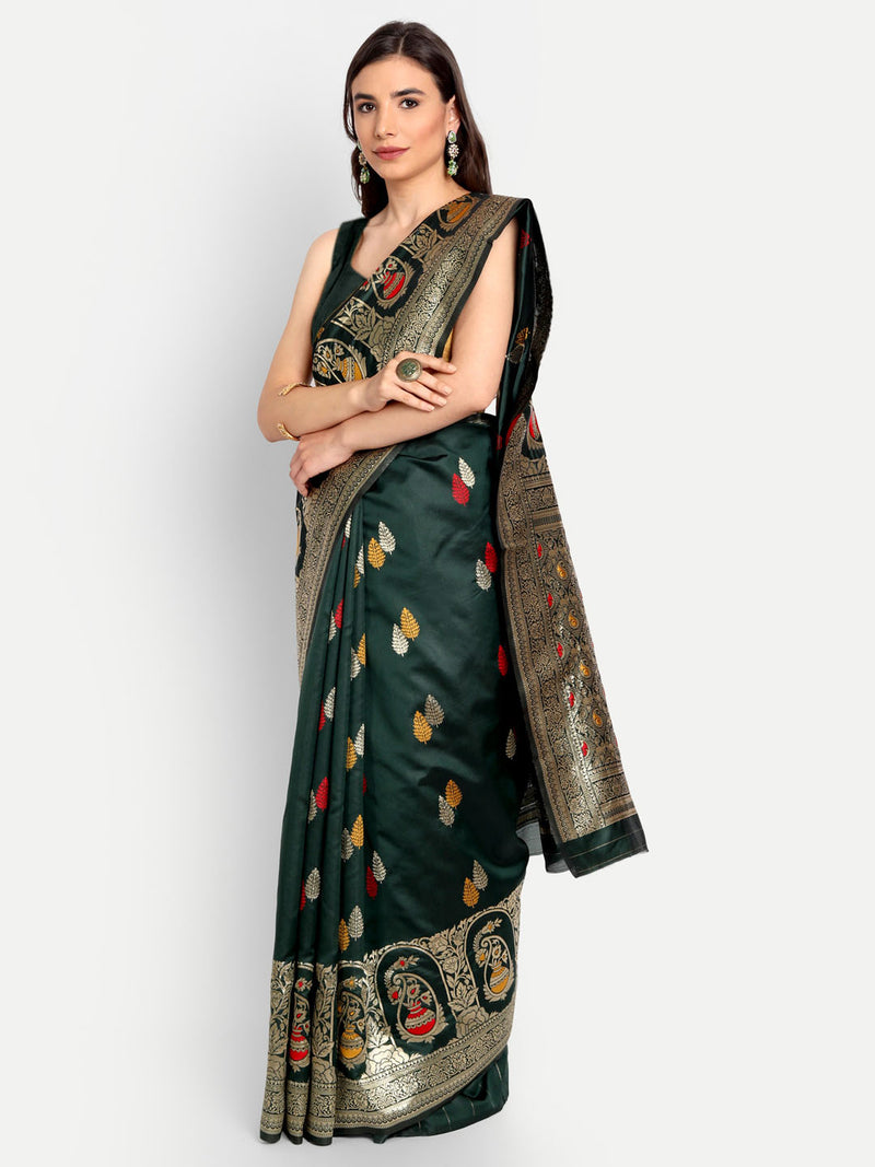 Dark Green Woven Banarasi Semi Silk Saree | Sadika