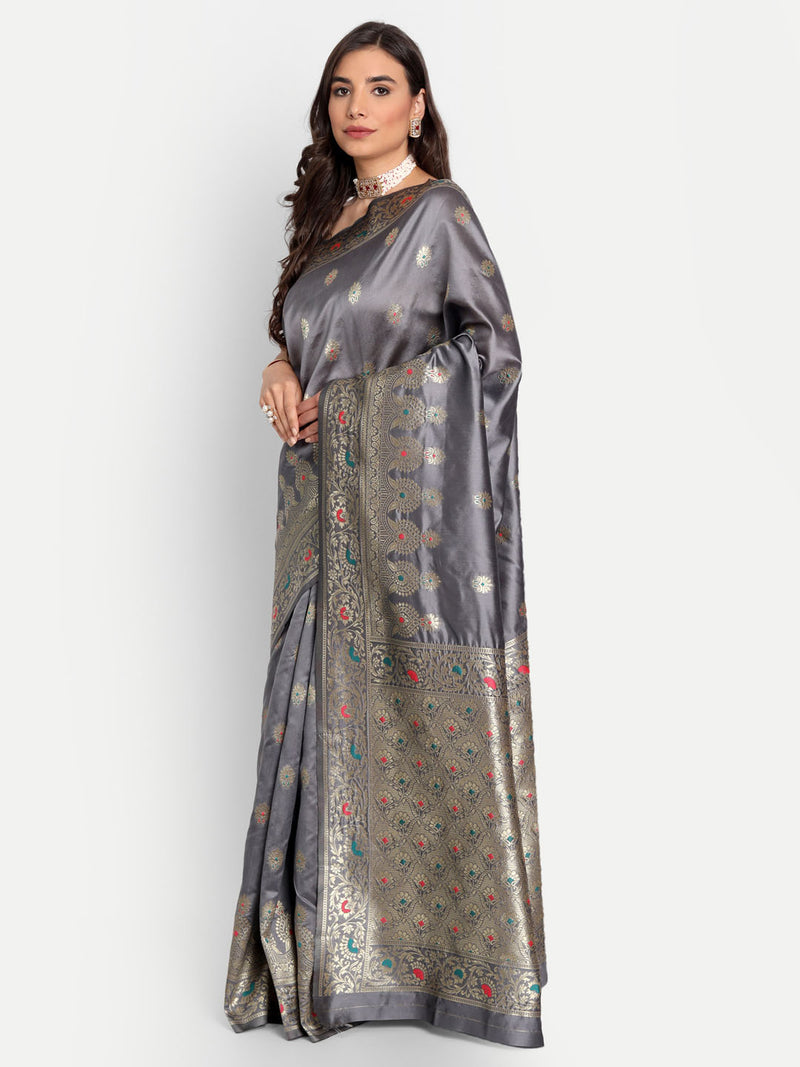 Grey Kanchipuram Banarasi Semi Silk Saree | Sadika