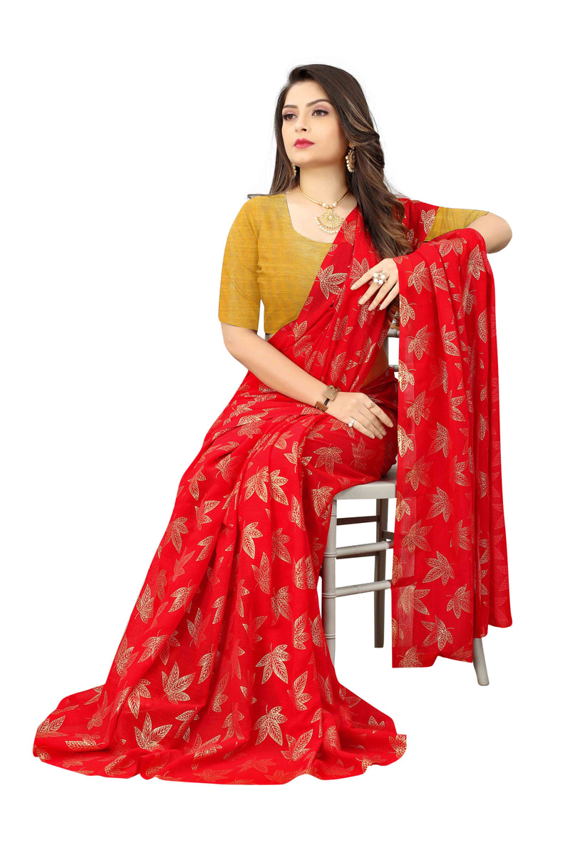 Red Floral Foil Saree With Yellow Blouse