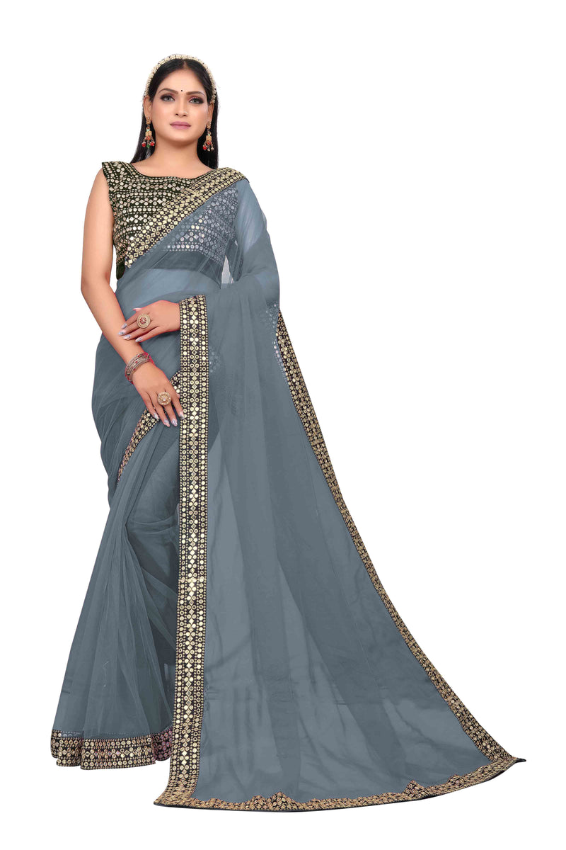 Grey Saree With Sequence Lace Border