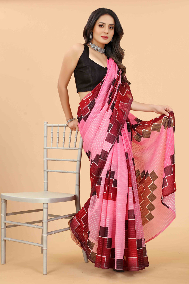 Pink-Red Digital Print Embroidery Sequence Mirror Work Saree