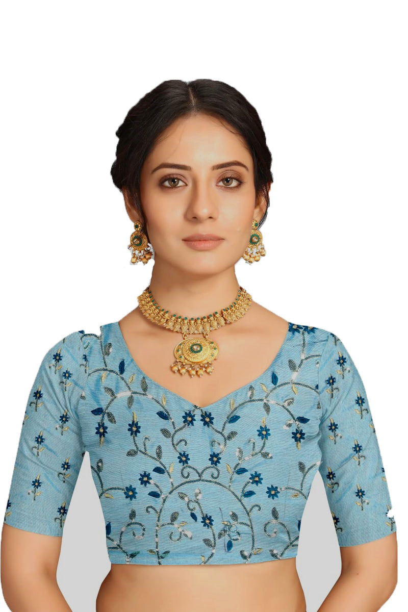 Dark Blue Sequence Work Silk Saree With Blouse | Sadika