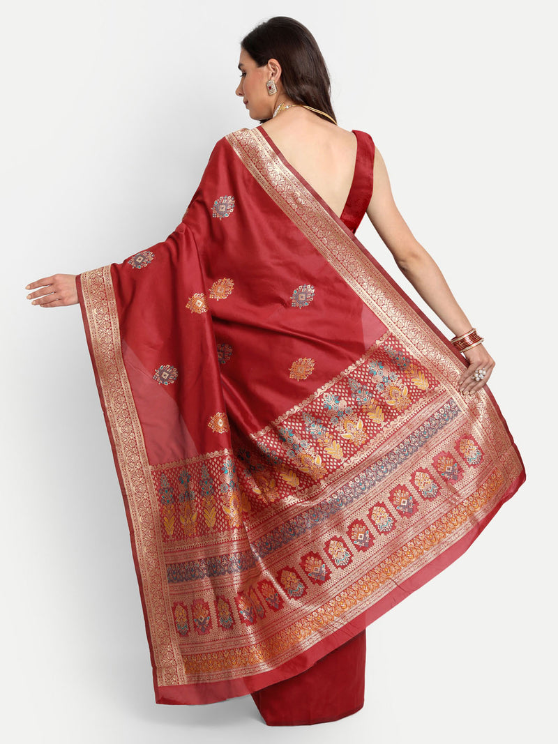 Red Woven Banarasi Semi Silk Saree With Blouse | Sadika