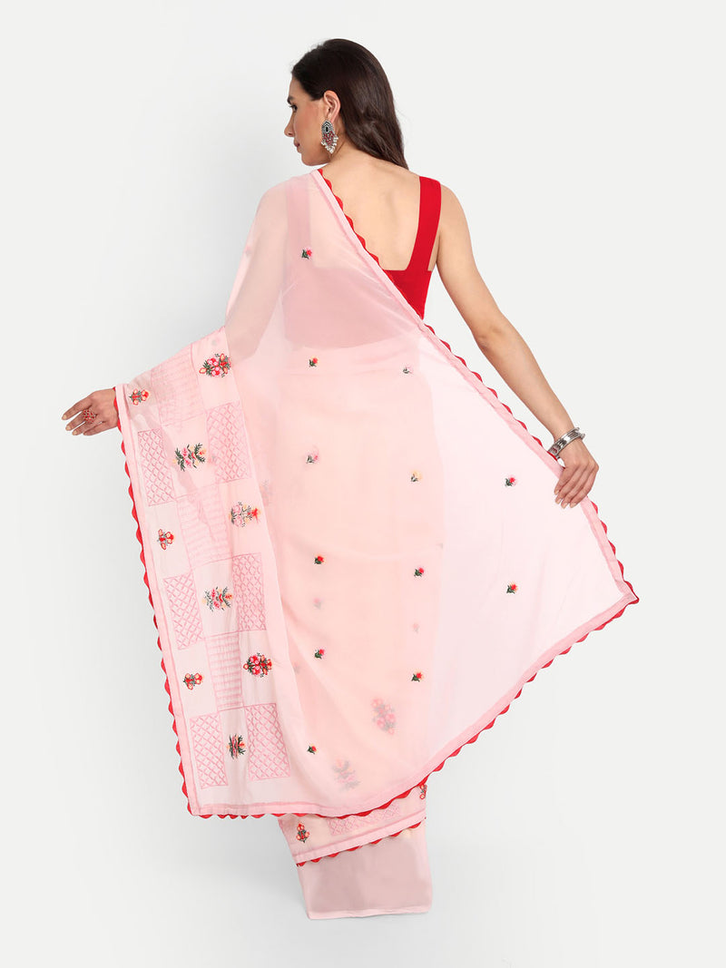 Pink Embroidery Georgette Saree | Sadika