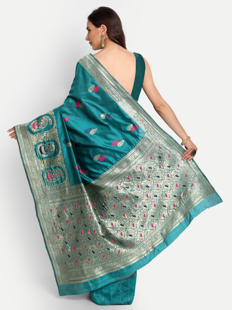 Aqua Blue Woven Banarasi Semi Silk Saree | Sadika