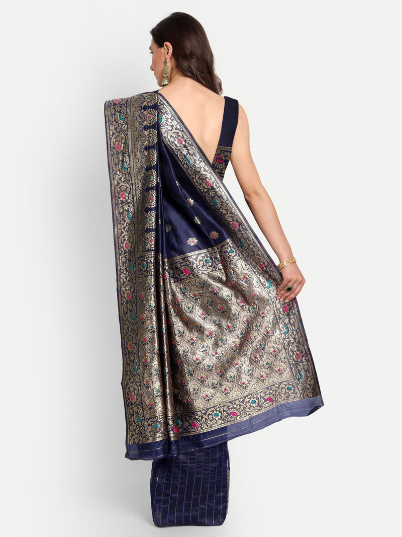 Navy Blue Kanchipuram Banarasi Semi Silk Saree | Sadika