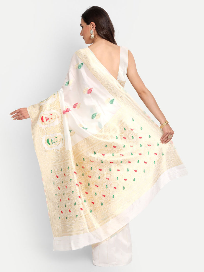 White Woven Banarasi Semi Silk Saree | Sadika
