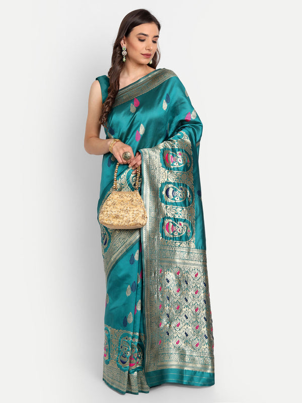 Aqua Blue Woven Banarasi Semi Silk Saree | Sadika