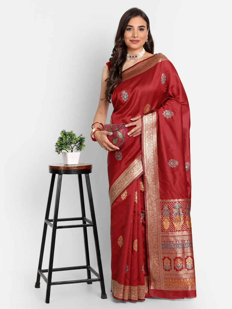 Red Woven Banarasi Semi Silk Saree With Blouse | Sadika