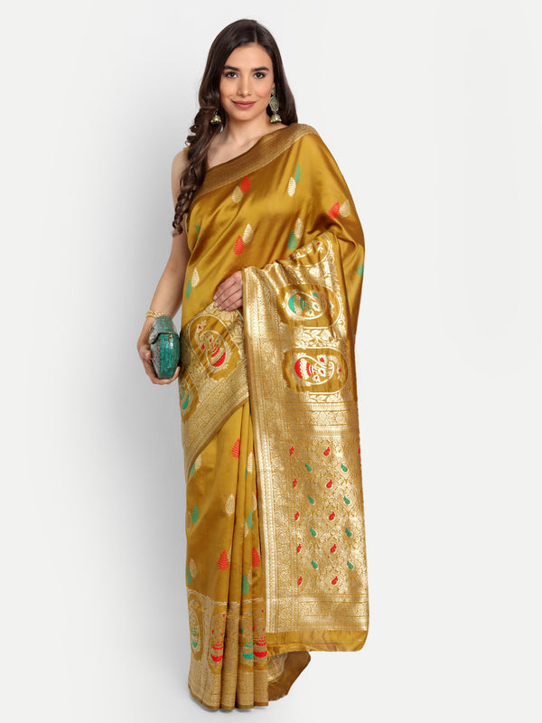 Mustard Woven Banarasi Semi Silk Saree | Sadika