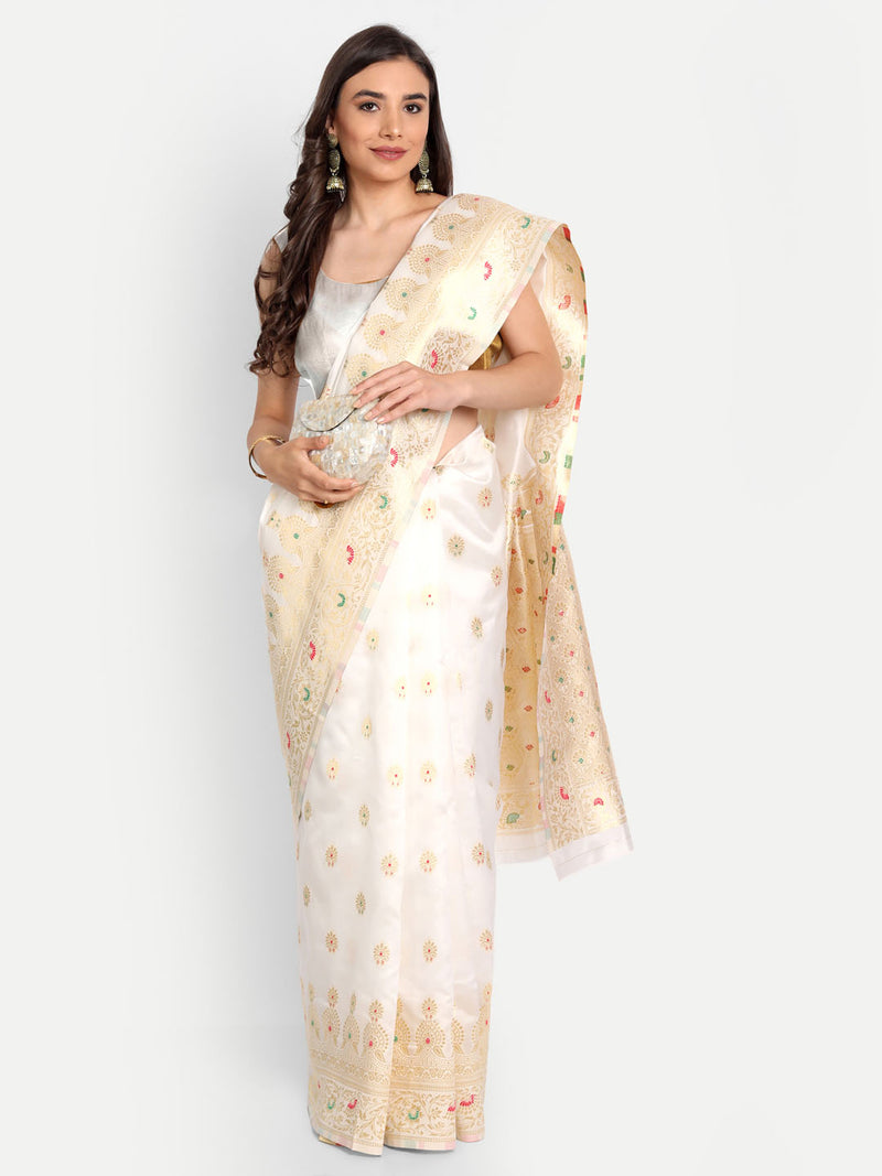 White Butti Temple Border Panel Silk Saree