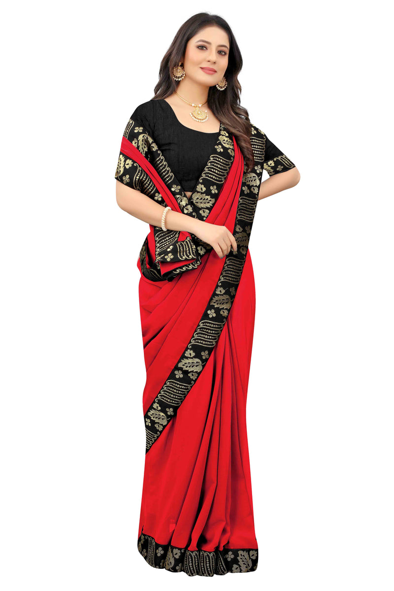 Floral Leaf Black Lace And Red Georgette Saree